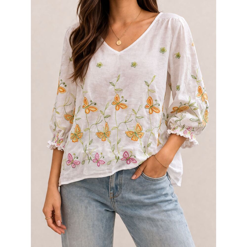 Kindred Embroidered Butterfly Blouse Cottagecore Fairy Boho Top White XL
